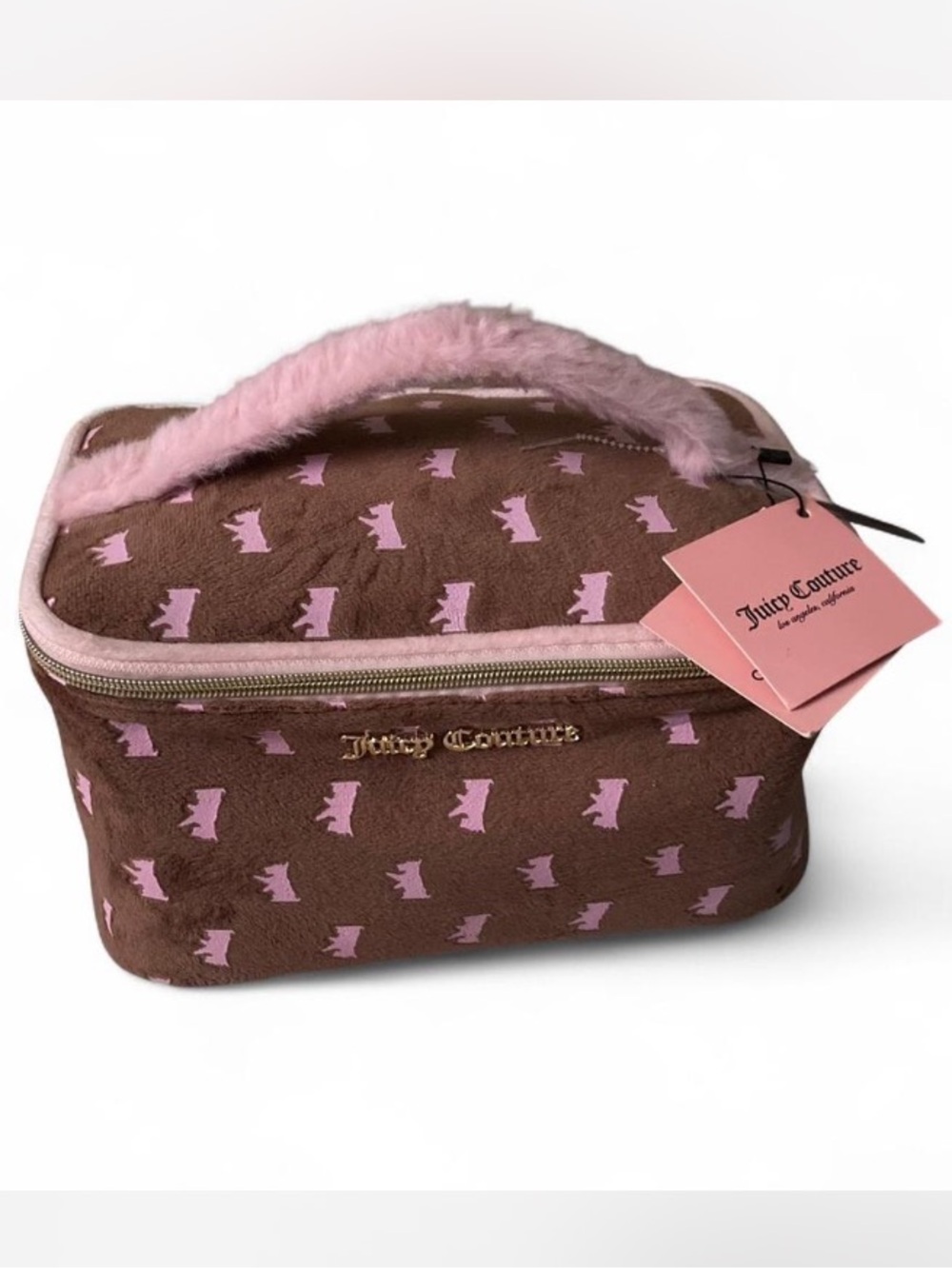 Juicy Couture Y2K Brown & Pink Plush dog print Fluffy Zip Up Bag Carry Case